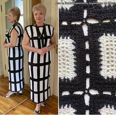 two women standing next to each other in front of a crocheted wall hanging