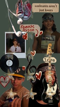 a collage of various pictures with different people and musical instruments in the middle one has an image of a woman holding a guitar