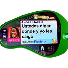 a green electronic device with an ad on the screen that says, ustedes digan dong y yo les cajo feeling fiesta