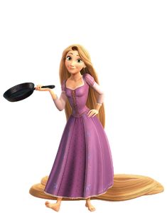 a girl in a purple dress holding a frying pan