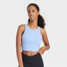 Add cool, comfy style to your fitness attire with this High-Neck Longline Bra from JoyLab™. Made from lightweight interlock fabric with added stretch, this longline bra offers a comfortable fit that moves with you, and the opaque lining provides confident wear. Designed with removable padding for customizable coverage, pair it with leggings, bike shorts or joggers to complete the versatile athletic look. JoyLab™: A movement that’s always in motion. Blue Seamless 4-way Stretch Activewear, Blue Sleeveless Activewear With Built-in Bra, Versatile Sports Bra For Light Exercise, Blue Sports Bra With 4-way Stretch For Gym, Versatile Medium Support Sports Bra For Light Exercise, Versatile Sports Bra For Light Exercise With Medium Support, Blue Tank Top With Built-in Bra For Yoga, Sportswear Crop Top With Built-in Bra For Light Exercise, Blue 4-way Stretch Athleisure Tank Top