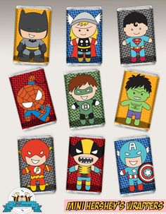 INSTANT DOWNLOAD - 9x Cute Superheroes - Hersheys Mini 1.5x3 Candy Bar Wrappers Favor - Avengers Personalized SuperHero Printable Wrappers Cute Superhero, Superhero Baby Shower, Somebunny Loves You, Baby Avengers, Baby Superhero, Avenger Birthday Party, Avengers Party