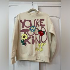 Nwot, Pacsun Sweater Size: M Color: Yellow Graphic Sweater “You’re Too Kind” Unisex Spring Graphic Print Sweatshirt For Leisure, White Fun Sweatshirt For Spring, Cream Graphic Print Sweatshirt For Spring, Retro White Sweatshirt For Spring, Retro Oversized Sweatshirt For Spring, Fun White Sweatshirt For Spring, Oversized Retro Sweatshirt For Spring, Spring Cream Graphic Print Sweatshirt, Spring Cream Graphic Sweatshirt