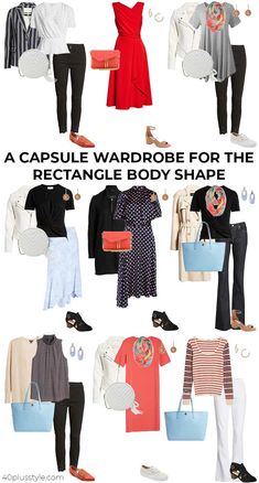 Capsule Wardrobe For Rectangular Body Shape, Rectangle Body Dress Outfit, Summer Capsule Wardrobe Rectangle Body Shape, Best Clothing For Rectangle Shape, Rectangle Body Capsule Wardrobe, Flattering Outfits For Rectangle Shape, Rectangle Shape Outfits What To Wear, Flattering Clothes For Rectangle Shape