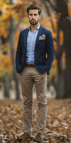 Elevate your fall wedding guest outfit with a navy blazer over a light blue shirt, paired with khaki Guys Fall Wedding Outfit, Navy Blue Wedding Guest Outfit Couple, Mixed Suits Men, Smart Casual Groom, Business Smart Outfit Men, Mens Fall Wedding Attire Guest Casual, Casual Wedding Guest Outfit Men, Fall Wedding Guest Men