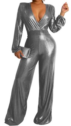 PRICES MAY VARY. Material: Women Casual Solid Jumpsuits is made of 95% polyester fabric, and 5% spandex is added to make the Jumpsuit more elastic. Soft, comfortable, light, breathable, loose and fashionable jumpsuits and rompers. Imported FABRIC: very soft and comfortable to wear. Fashion Sexy Deep V Neck Long Sleeve Long Wide Leg Pant to match with a high heel for a charming look, decent material and elegant V neck design, it is great for casual or party, work Zipper closure Hand Wash Only des Fashionable Jumpsuits, Silver Jumpsuit, Silver Jumpsuits, Wide Leg Pants Plus Size, Sparkly Jumpsuit, Wide Leg Pant Suit, Party Rompers, Solid Jumpsuit, Sequin Jumpsuit