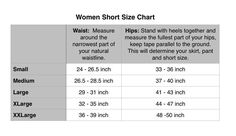 women's short size chart with measurements for each item and the corresponding sizes to choose from