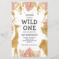 a pink and gold wild one birthday party card