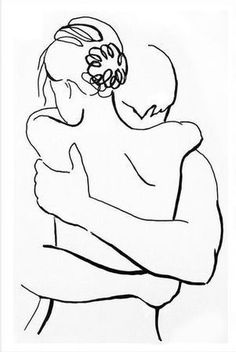 a black and white drawing of a woman holding a baby in her arms, with one arm wrapped around the other