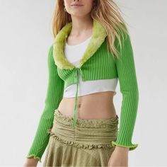 Urban Outfitters Brand New Ultra Cropped Size M 100% Rayon Rolled Cuffs Trendy Green Spring Cardigan, Fitted Green Cardigan For Spring, Trendy Fitted Cardigan For Spring, Trendy Fitted Spring Cardigan, Chic Spring Outerwear From Urban Outfitters, Chic Spring Outerwear By Urban Outfitters, Chic Yellow Winter Top, Trendy Fall Cardigan From Urban Outfitters, Trendy Urban Outfitters Cardigan For Fall