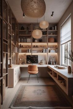 a home office with wooden shelves and hanging lights above the desk, along with an area rug on the floor