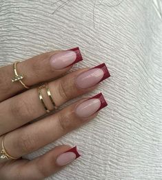 Classy Nails Long Coffin, Square Acrylic Nails Red French Tips, Burgundy Nail French Tip, Red Nails Square Design, Red French Nails Coffin, Red Square Tip Nails, Square Red Nails Design, Coloured French Tips Square, French Nail Inspo Square