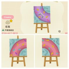 four different images of a pink donut on an easel