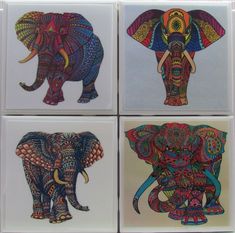 four coasters with elephants painted on them