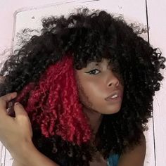 Peekaboo Hair Curly, Curly Peekaboo Hair, Red And Black Curly Hair, Black With Red Hair, Cute Colors To Dye Your Hair, Pink Highlights Curly Hair, Colored Hair Curly, Curly Hair Under Dye, Peekaboo Curly Hair