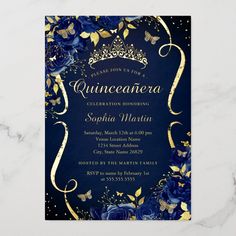 a blue and gold quinceauera birthday party with roses, butterflies and glitter