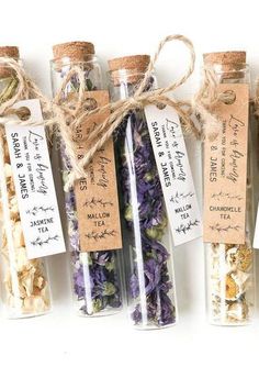 four small bottles filled with different types of dried flowers and herbs, tied in twine