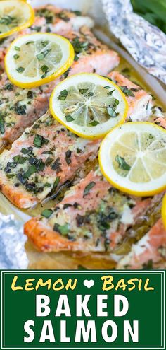 baked salmon with lemons and basil on top