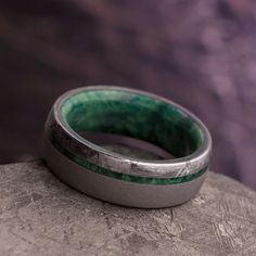 Sandblasted Men's Wedding Band With Green Box Elder Wood And Meteorite-3858 - Jewelry by Johan Green Wedding Band, Box Elder, Inlay Jewelry, Meteorite Ring, Green Box, Green Rings, Wood Inlay, Titanium Rings, Wood Rings