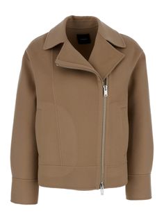 Biker jacket Classic collar Notched revers Long sleeves Asymmetric zip fastening Cuffs with buttons Two front welt pockets Tone on tone stitchings Beige Wool and cashmere Regular fitComposition: 90% Wool 10% Cashmere American Clothing Brands, Moncler Women, Cashmere Color, High End Fashion, Yoga Wear, Moto Jacket, Casual Jacket, Biker Jacket, Dress Codes