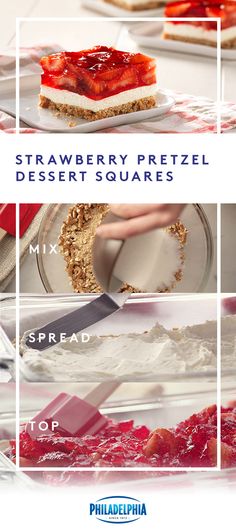 strawberry pretzel dessert squares are shown with the words, top and bottom pictures