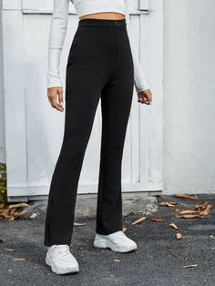 Black Elegant Collar  Polyester Plain Flare Leg Embellished Slight Stretch Spring/Summer/Fall Women Bottoms Haut Transparent, Women Bottoms, Women Pants, Shein Style, Trendy Fashion Women, Sports Leggings, Summer Fall, Sports Women, Aesthetic Clothes