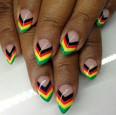 Ghana Nail Designs, Blippi Inspired Nails, African Nail Designs, Ghana Nails, Jamaica Colors Nails, Caribbean Carnival Nails Designs, Kwanzaa Nails, Kwanzaa Nail Designs, African Nails Design