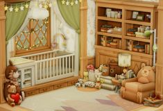 a child's room with teddy bears and other toys in it, including a crib