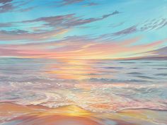 a painting of an ocean sunset with waves coming in from the water and colorful clouds