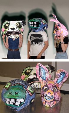 three children wearing paper mache masks with bunny ears on their heads and one child holding up a mask