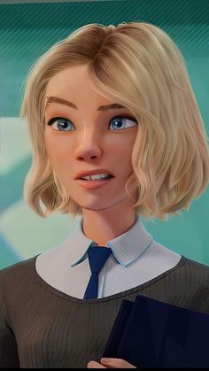 a digital painting of a woman with blonde hair and blue eyes, holding a folder