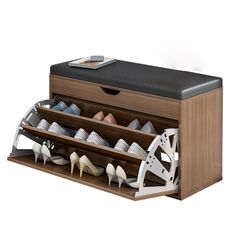 a shoe rack with several pairs of shoes in it