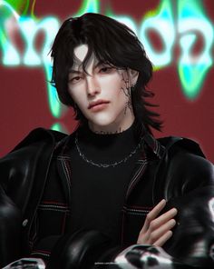 a man with black hair and piercings is wearing a leather jacket in front of a neon sign