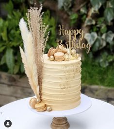 a happy birthday cake decorated with nuts and feathers