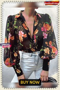 Floral Print Plunge Lantern Sleeve Top P4608083672 Top In Pizzo, Chiffon Cardigan, Shirt Blouses Women's, Lantern Sleeved Blouses, Puff Sleeve Shirt, Saint John, Floral Retro, Floral Print Shirt, Elegant Blouses