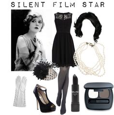 a woman in black dress and accessories with text that reads silent film star on it