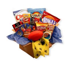 a football themed gift box filled with snacks