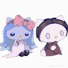 two cartoon cats sitting next to each other on top of a white surface and one has a pink bow