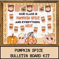 the pumpkin spice bulletin board kit is in front of a wooden frame with words on it