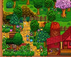 the game's screenshot shows an old farm with lots of trees and flowers