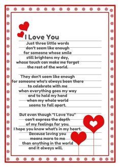 i love you poem with hearts on the page and red frame in front of it