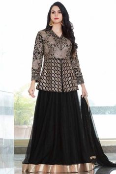 Black Net Lehenga with Silk Choli - LSTV01483 Long Blouse Lehenga, Long Blouse Designs, Choli Dress, Lehenga Style, Unique Blouse Designs, Designer Lehenga, Designer Party Wear Dresses