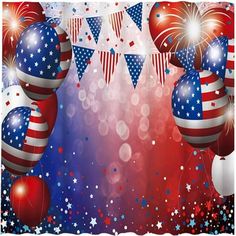 an american flag shower curtain with balloons and stars in the sky behind it on a red, white, and blue background