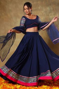 Buy Blue Blouse And Lehenga Cotton Embellished Lace Trims Scoop Neck Set For Women by POMCHA JAIPUR Online at Aza Fashions. Lehenga Skirt, Party Wear Indian Dresses, Lace Trims