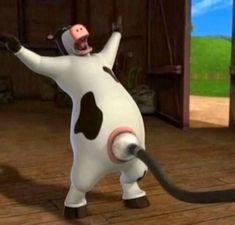 a cartoon cow that is in the air with a hose attached to it's back