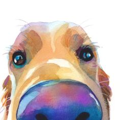 a painting of a dog's face with blue eyes and brown nose is shown