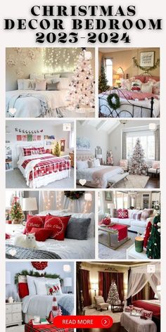 a collage of christmas bedroom decor with red and white decorations on the bed, pillows,