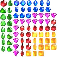 the different shapes and sizes of gems are shown in this image, with each diamond being colored