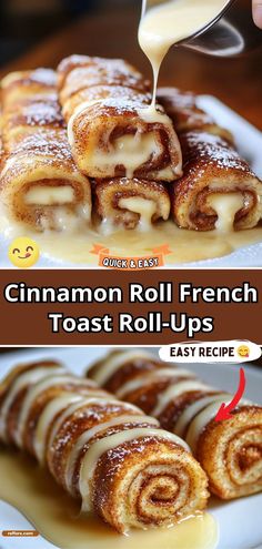 cinnamon roll french toast roll - ups on a white plate