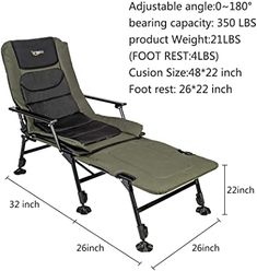 the adjustable reclining chair is shown with measurements